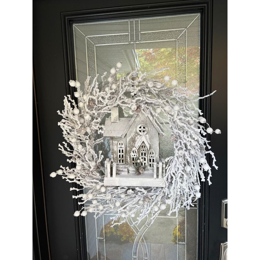 Winter Snow Twig Wreath With Lighted Wooden Church